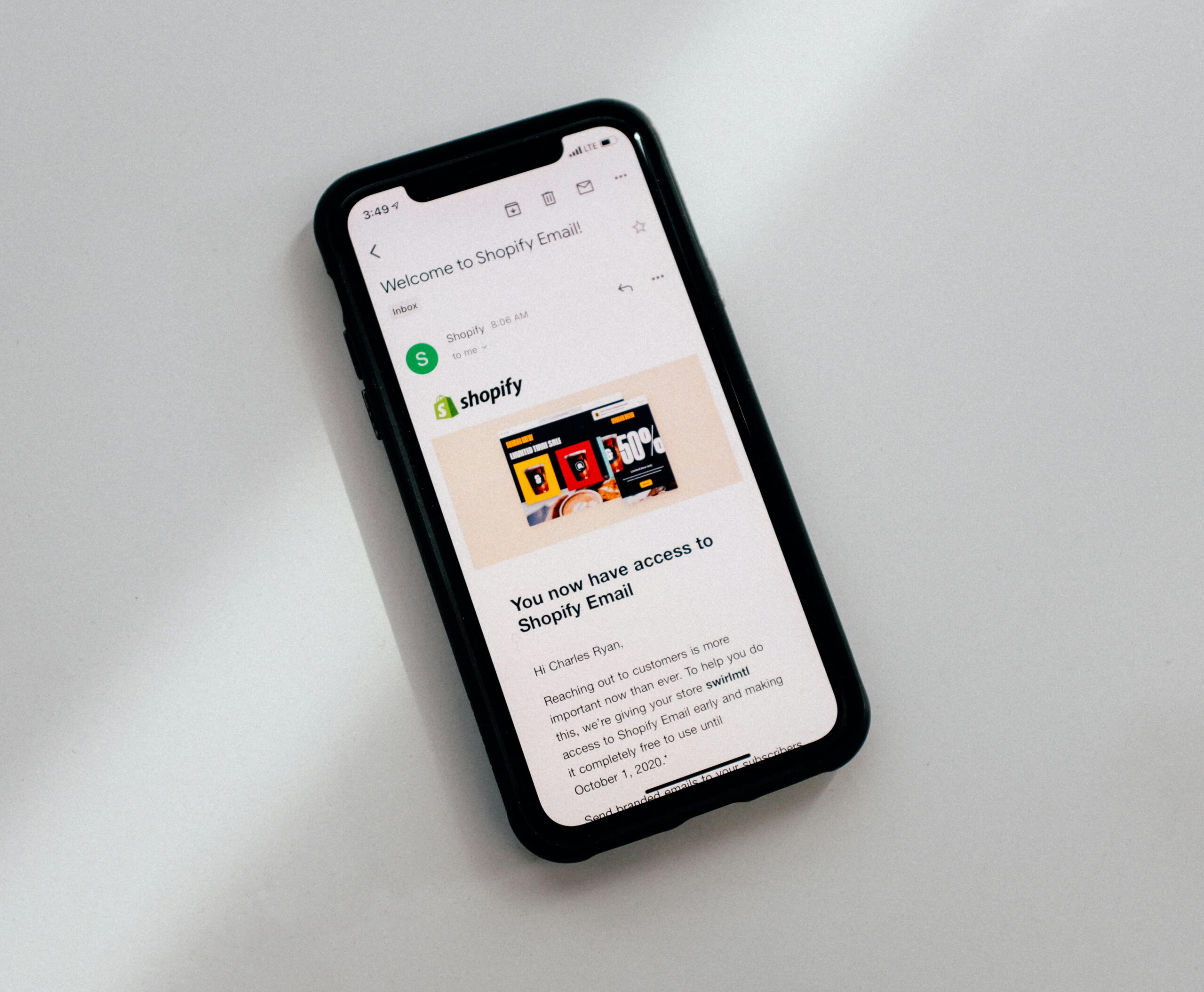 Smartphone displaying a Shopify welcome email, confirming successful enquiry and next steps after contacting Vendora.